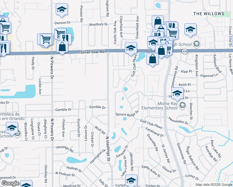 map of restaurants, bars, coffee shops, grocery stores, and more near 5654 Pine Chase Drive in Pine Hills