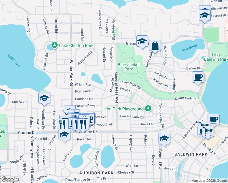 map of restaurants, bars, coffee shops, grocery stores, and more near 2318 Mulbry Drive in Winter Park