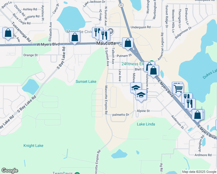 map of restaurants, bars, coffee shops, grocery stores, and more near 350 South Talbott Avenue in Mascotte
