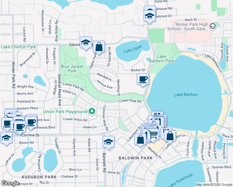map of restaurants, bars, coffee shops, grocery stores, and more near 2301 Meeting Place in Orlando