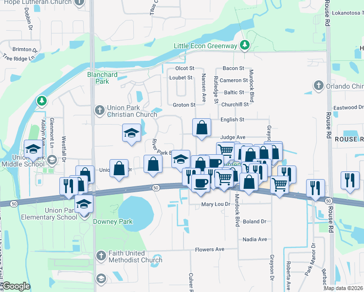 map of restaurants, bars, coffee shops, grocery stores, and more near 1994 River Park Boulevard in Orlando