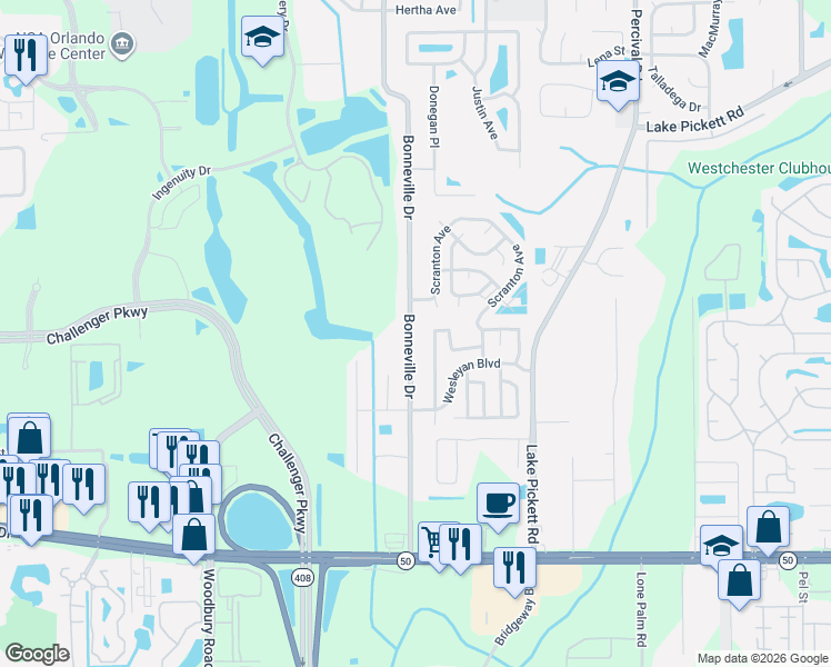map of restaurants, bars, coffee shops, grocery stores, and more near 1934 Bonneville Drive in Orlando