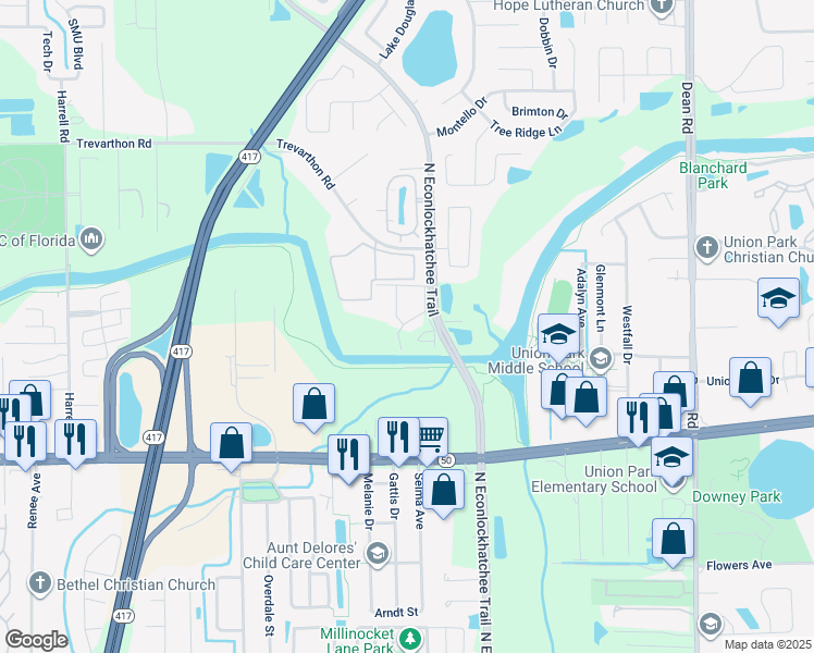 map of restaurants, bars, coffee shops, grocery stores, and more near 2217 Stonington Avenue in Orlando
