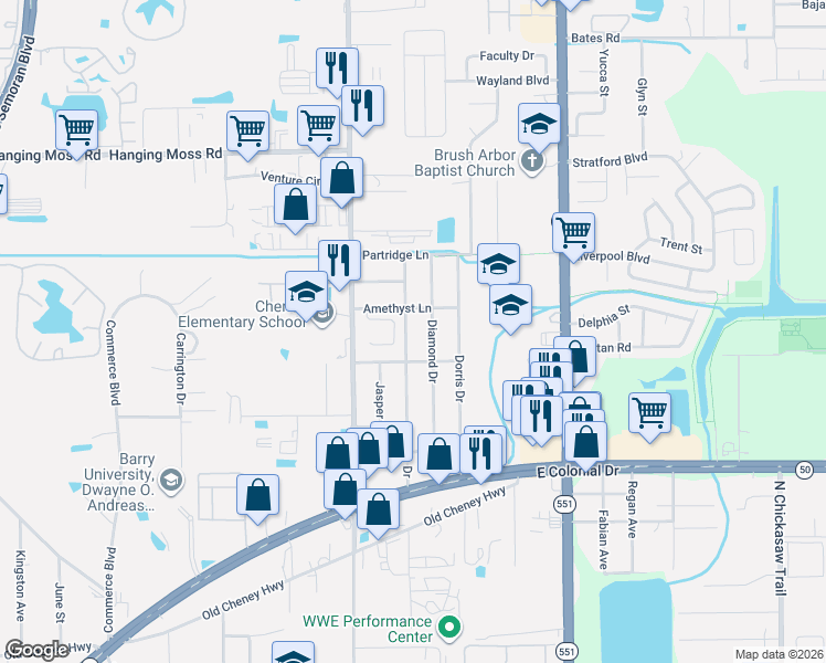 map of restaurants, bars, coffee shops, grocery stores, and more near 2017 Tropic Bay Court in Orlando
