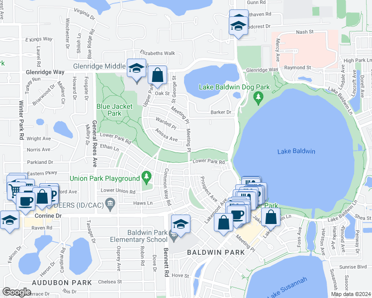 map of restaurants, bars, coffee shops, grocery stores, and more near 2301 Meeting Place in Orlando