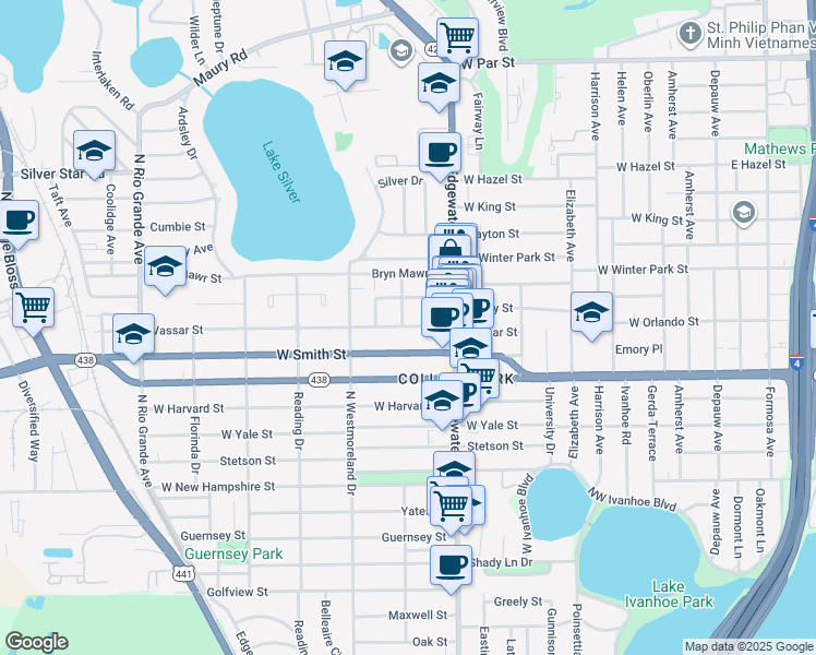 map of restaurants, bars, coffee shops, grocery stores, and more near 806 Rugby Street in Orlando