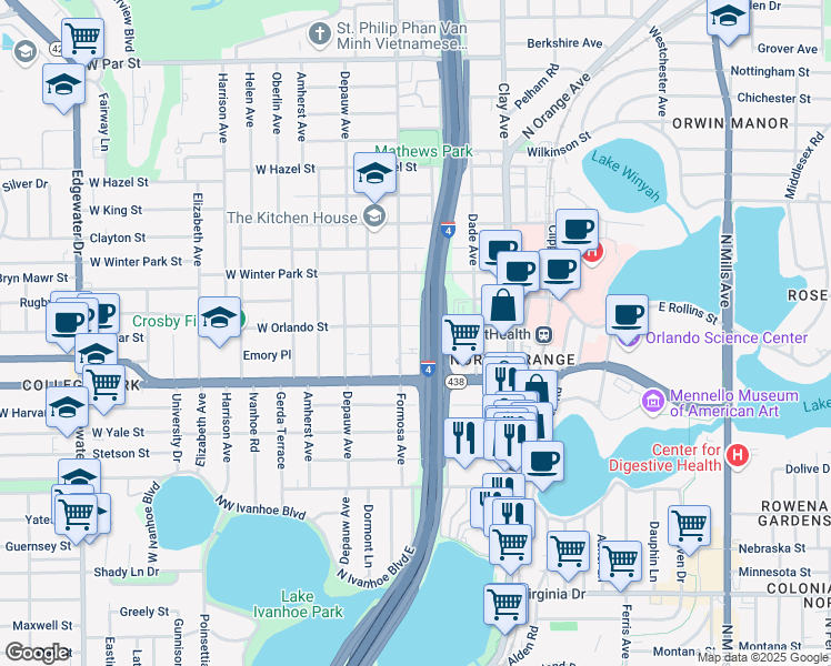 map of restaurants, bars, coffee shops, grocery stores, and more near 112 East Orlando Street in Orlando