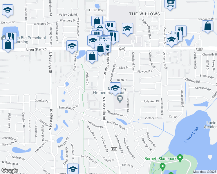 map of restaurants, bars, coffee shops, grocery stores, and more near 2134 Queensway Road in Orlando