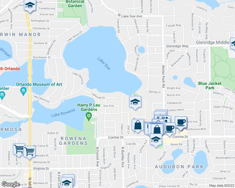 map of restaurants, bars, coffee shops, grocery stores, and more near 2233 Lakeside Drive in Orlando
