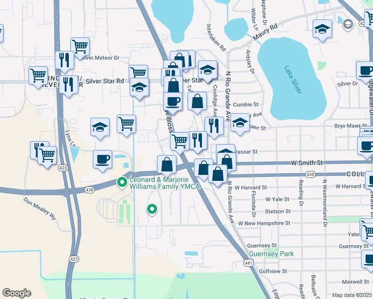 map of restaurants, bars, coffee shops, grocery stores, and more near 2401 South Orange Blossom Trail in Orlando