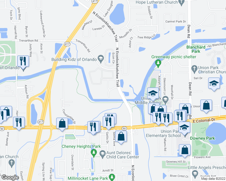 map of restaurants, bars, coffee shops, grocery stores, and more near 2217 Stonington Avenue in Orlando