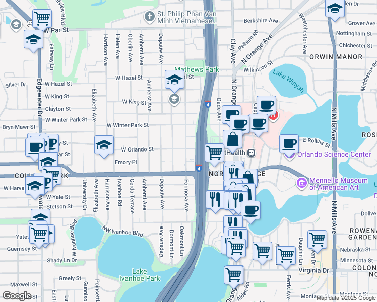 map of restaurants, bars, coffee shops, grocery stores, and more near in Orlando