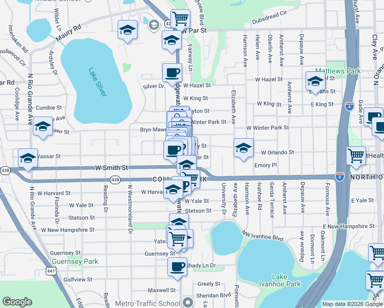 map of restaurants, bars, coffee shops, grocery stores, and more near 642 Rugby Street in Orlando