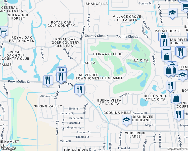 map of restaurants, bars, coffee shops, grocery stores, and more near 3675 Sawgrass Drive in Titusville