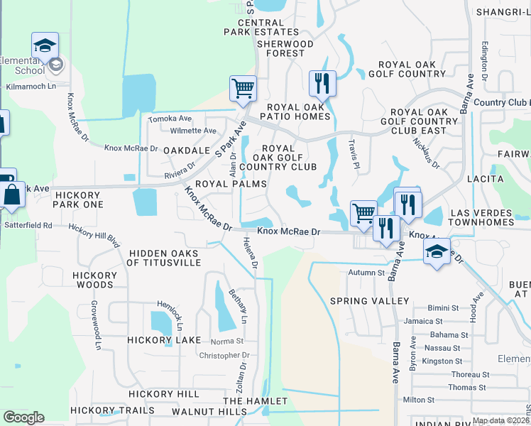 map of restaurants, bars, coffee shops, grocery stores, and more near 3631 Royal Oak Drive in Titusville