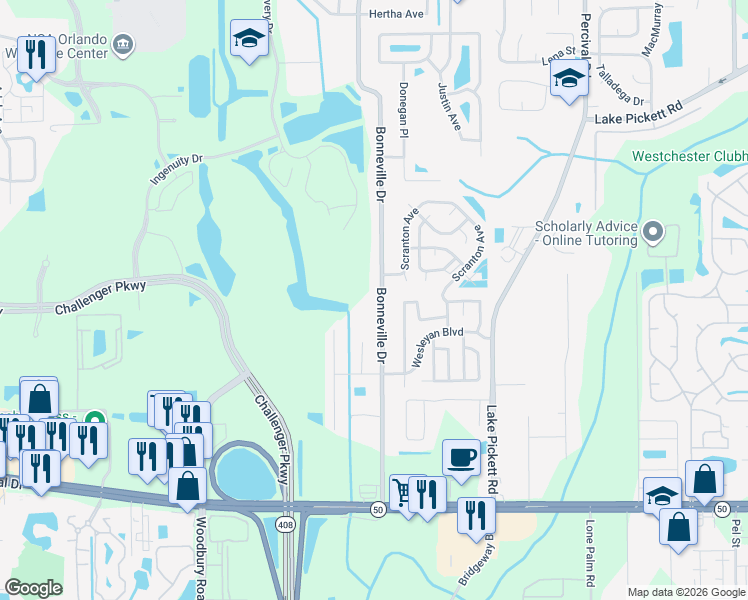 map of restaurants, bars, coffee shops, grocery stores, and more near 1926 Bonneville Drive in Orlando