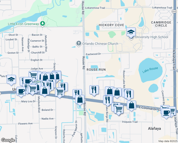 map of restaurants, bars, coffee shops, grocery stores, and more near 11714 Rouse Run Circle in Orlando