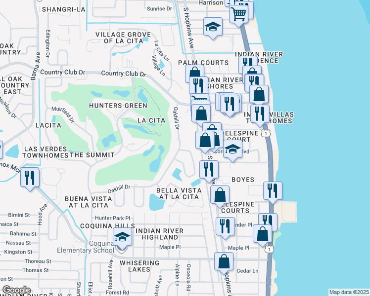 map of restaurants, bars, coffee shops, grocery stores, and more near 3610 Oakhill Drive in Titusville