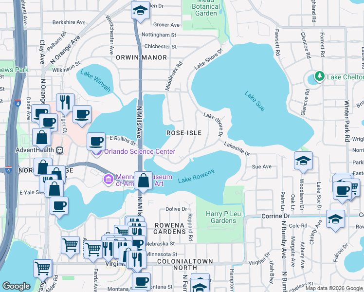 map of restaurants, bars, coffee shops, grocery stores, and more near 2423 Norfolk Road in Orlando