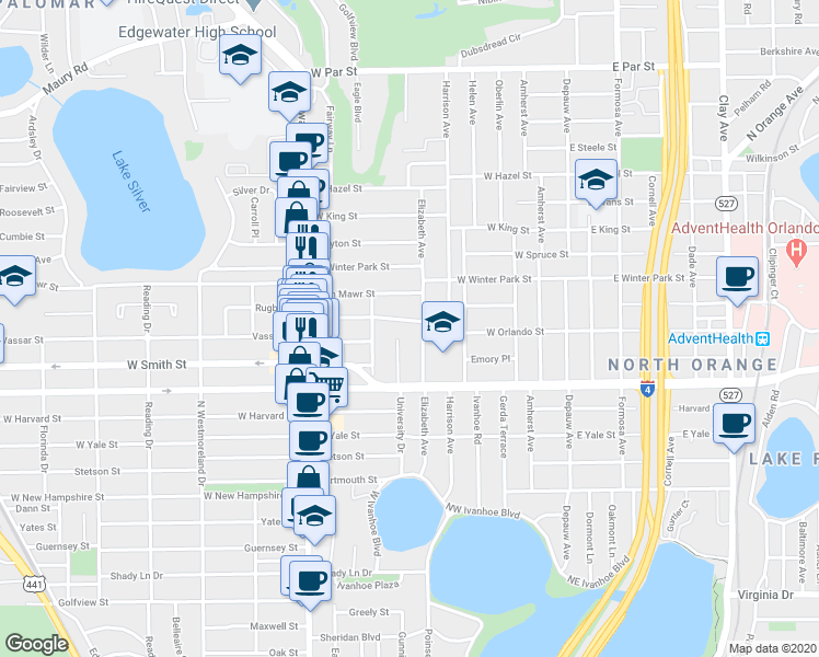 map of restaurants, bars, coffee shops, grocery stores, and more near 508 Rugby Street in Orlando
