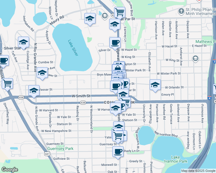 map of restaurants, bars, coffee shops, grocery stores, and more near 806 Rugby Street in Orlando