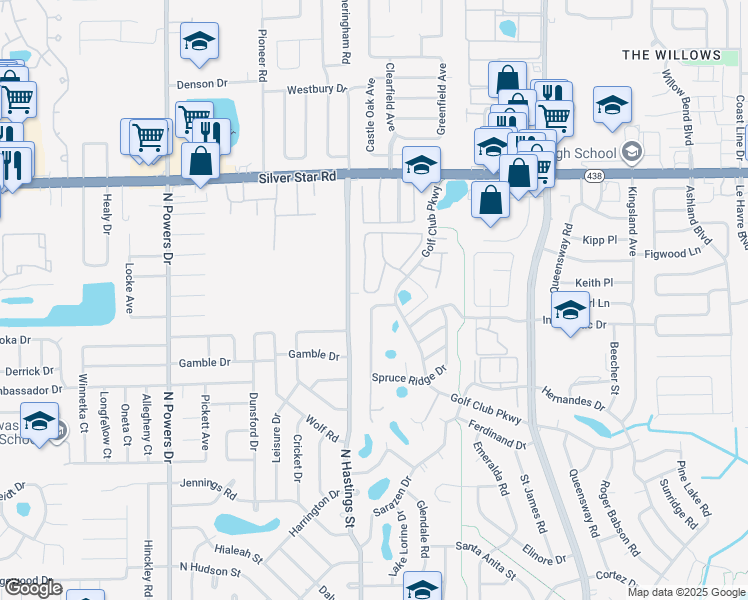 map of restaurants, bars, coffee shops, grocery stores, and more near 1622 Ridge Pointe Drive in Orlando