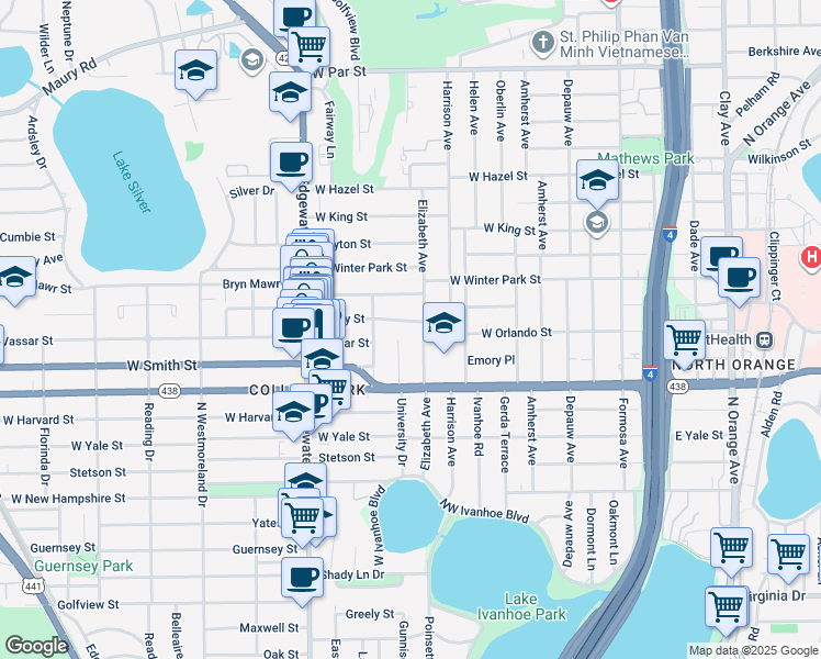 map of restaurants, bars, coffee shops, grocery stores, and more near 500 Rugby Street in Orlando