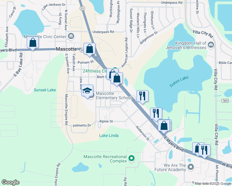 map of restaurants, bars, coffee shops, grocery stores, and more near 625 Pearl Street in Mascotte