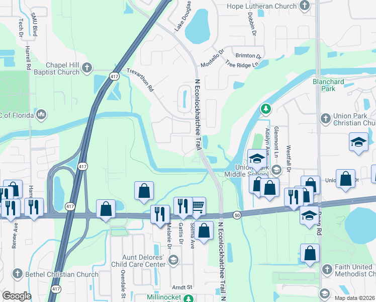 map of restaurants, bars, coffee shops, grocery stores, and more near 9502 Darien Avenue in Orlando