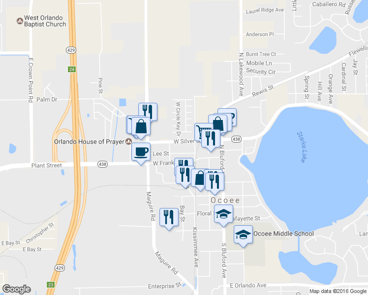 map of restaurants, bars, coffee shops, grocery stores, and more near 158 West Silver Star Road in Ocoee