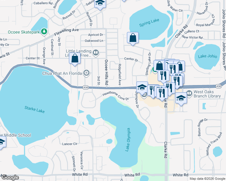 map of restaurants, bars, coffee shops, grocery stores, and more near 1178 Hawthorne Cove Drive in Ocoee