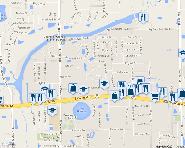 map of restaurants, bars, coffee shops, grocery stores, and more near 2050 Schoharie Court in Orlando