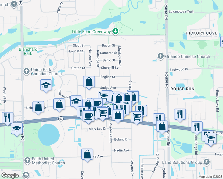 map of restaurants, bars, coffee shops, grocery stores, and more near 11600 Judge Avenue in Orlando