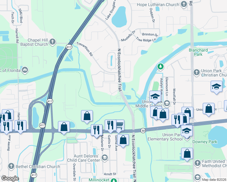map of restaurants, bars, coffee shops, grocery stores, and more near 2217 Stonington Avenue in Orlando