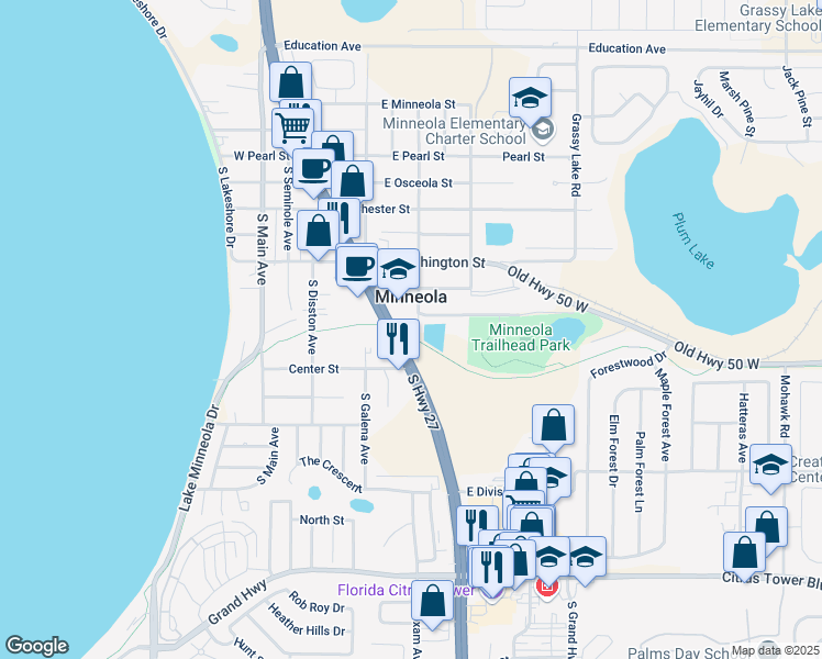 map of restaurants, bars, coffee shops, grocery stores, and more near 510 South Bloxam Avenue in Minneola