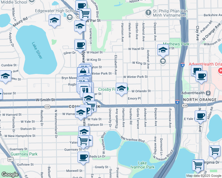 map of restaurants, bars, coffee shops, grocery stores, and more near 508 Rugby Street in Orlando
