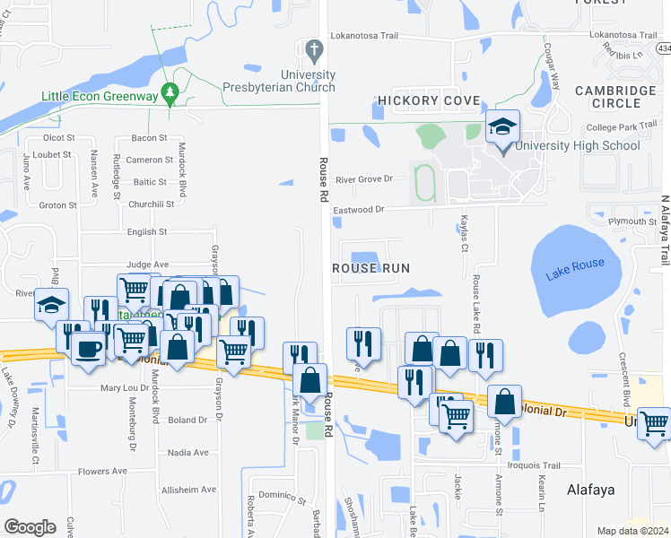 map of restaurants, bars, coffee shops, grocery stores, and more near 11726 Rouse Run Circle in Orlando