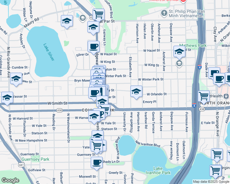 map of restaurants, bars, coffee shops, grocery stores, and more near 602 Rugby Street in Orlando