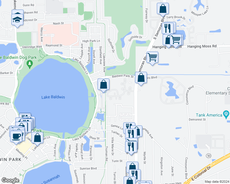 map of restaurants, bars, coffee shops, grocery stores, and more near 5623 Century 21 Boulevard in Orlando