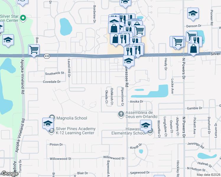 map of restaurants, bars, coffee shops, grocery stores, and more near 2288 Oshkosh Court in Orlando