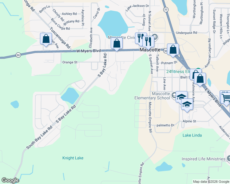 map of restaurants, bars, coffee shops, grocery stores, and more near 28 Bay Ridge Loop in Mascotte