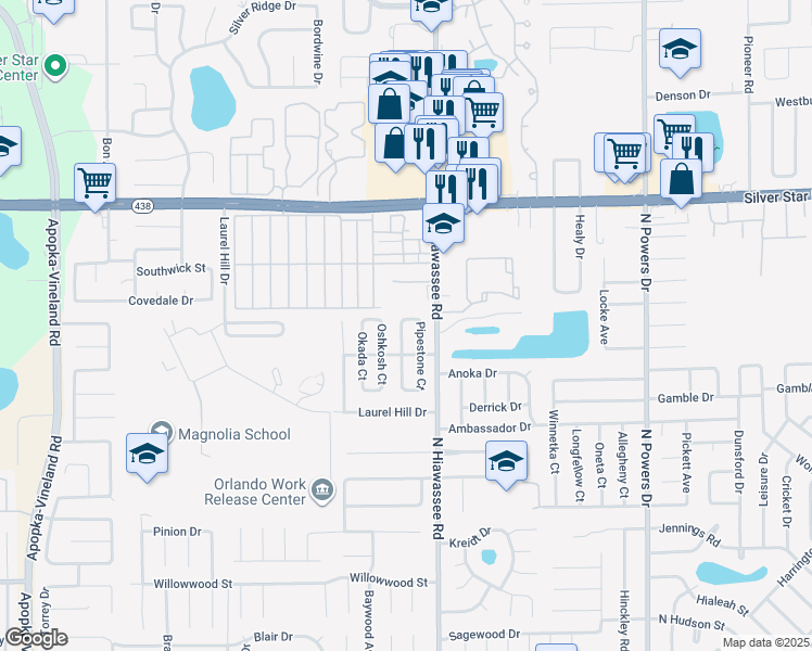 map of restaurants, bars, coffee shops, grocery stores, and more near 2275 Menomonee Court in Orlando