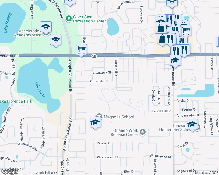 map of restaurants, bars, coffee shops, grocery stores, and more near 8500 Laurel Hill Drive in Orlando