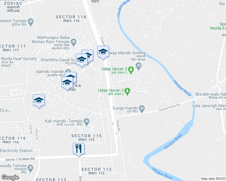 map of restaurants, bars, coffee shops, grocery stores, and more near Pusta Road in New Okhla Industrial Development Area