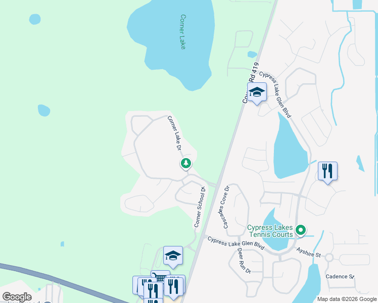 map of restaurants, bars, coffee shops, grocery stores, and more near 16116 Corner Lake Drive in Orlando
