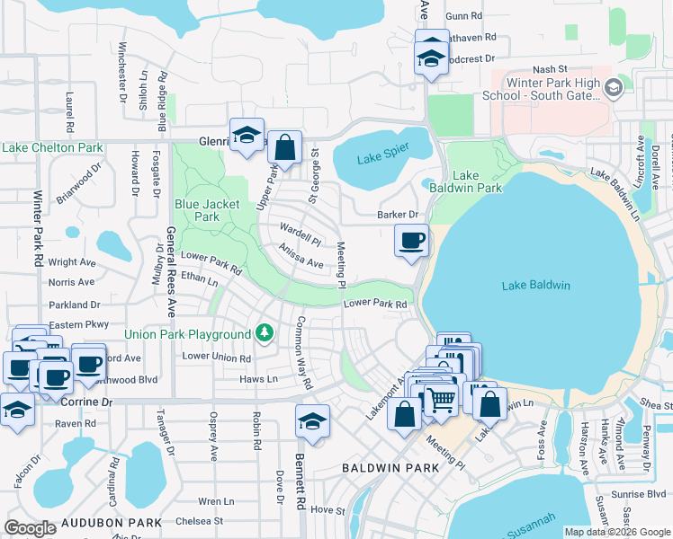 map of restaurants, bars, coffee shops, grocery stores, and more near 2301 Meeting Place in Orlando
