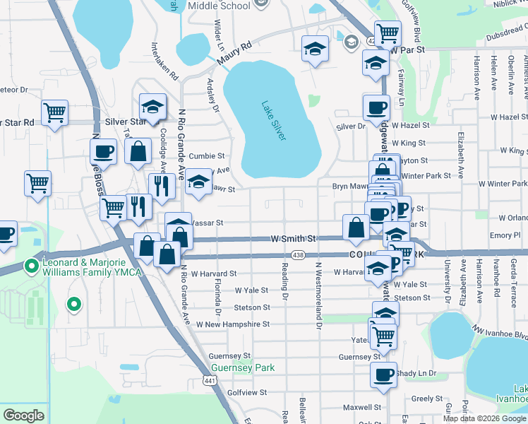 map of restaurants, bars, coffee shops, grocery stores, and more near 1151 Western Way in Orlando