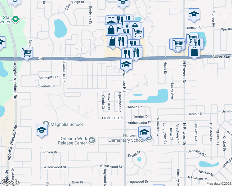 map of restaurants, bars, coffee shops, grocery stores, and more near 2275 Menomonee Court in Orlando