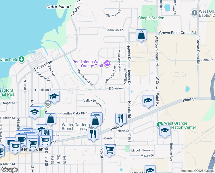 map of restaurants, bars, coffee shops, grocery stores, and more near 303 Millwood Place in Winter Garden