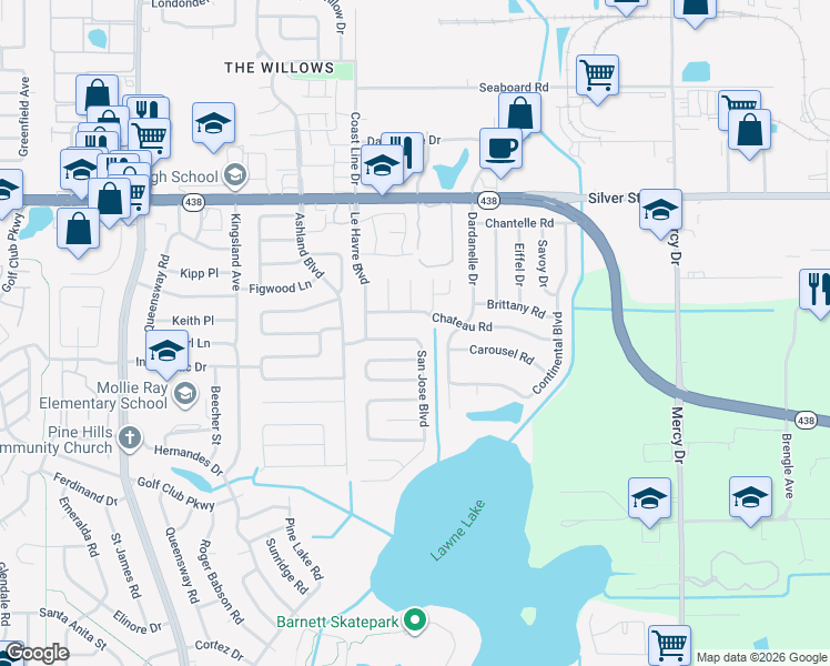 map of restaurants, bars, coffee shops, grocery stores, and more near 4515 Charleen Terrace in Orlando
